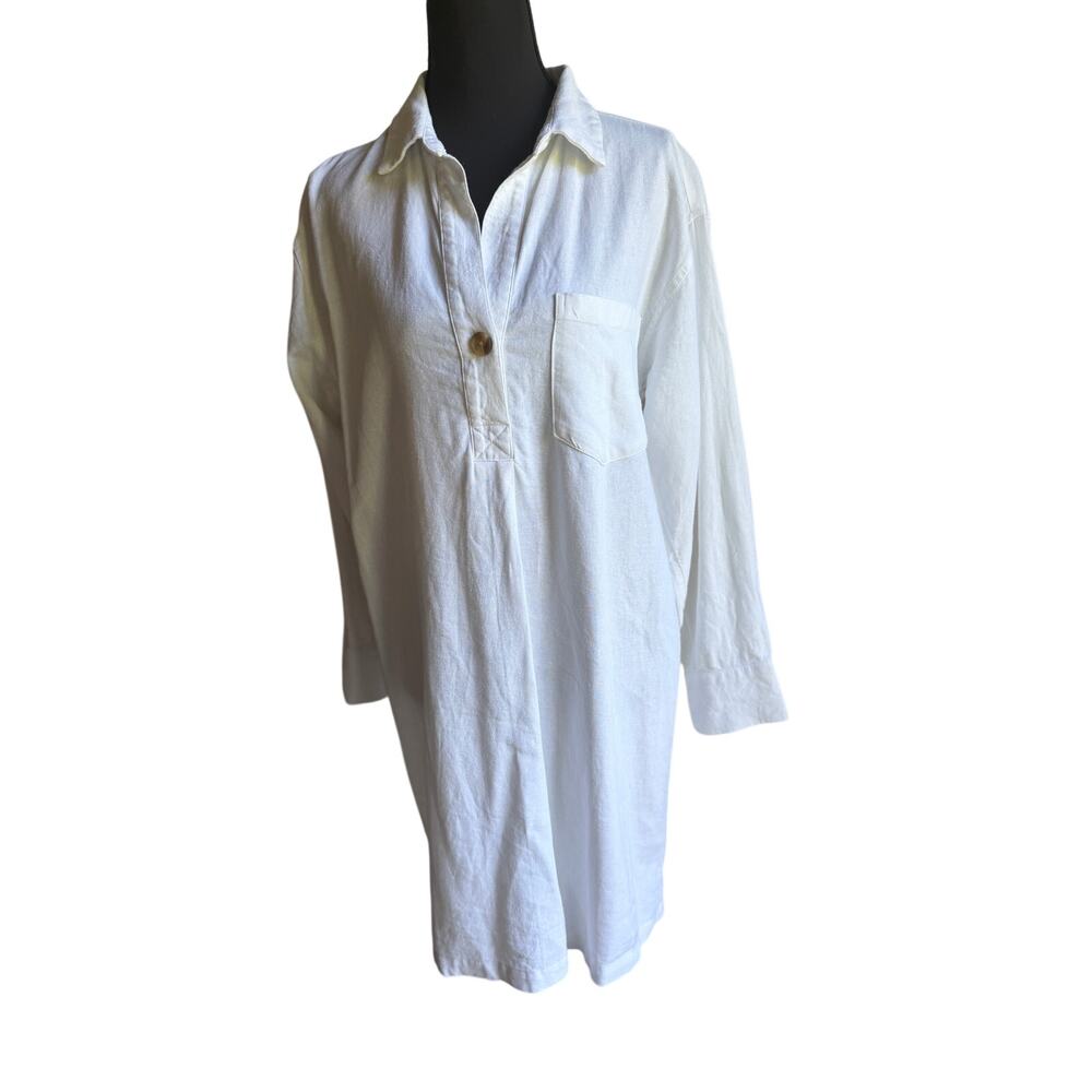 Old Navy Linen Blend Shirt Dress Small White Long Sleeve Collared Pocket